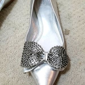 Tory Burch Eddie Ballet Flat Rhinestone Bow Silver